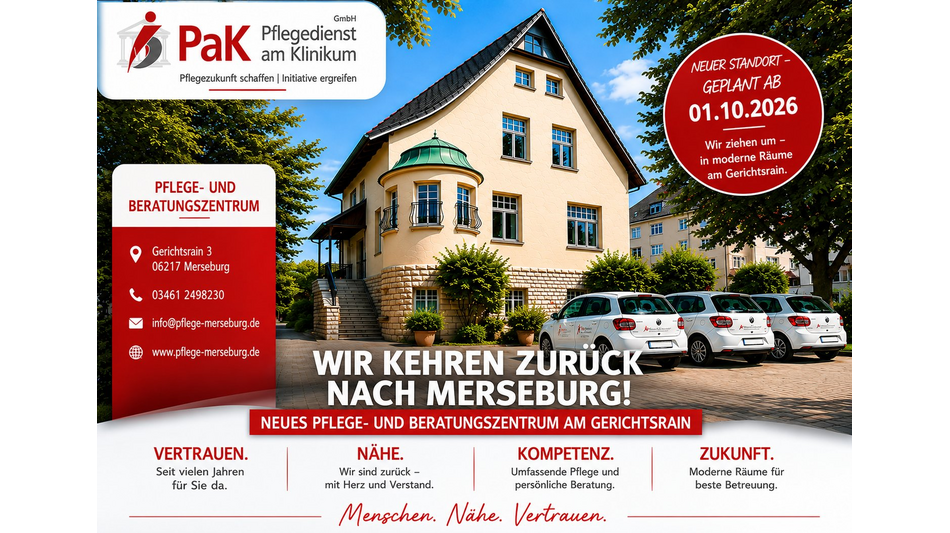 PaK Pflegedienst am Klinikum kehrt nach Merseburg zur&uuml;ck &ndash; Neues Pflege- und Beratungszentrum am Gerichtsrain